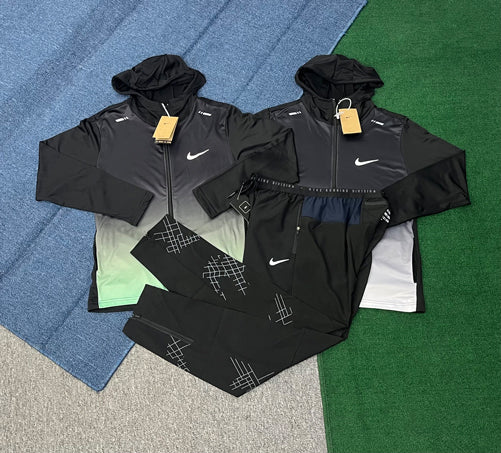D977+7505 Light Weight Breathable Hooded Windbreakers Sets Windproof Outdoor Running Jogging Jackets Kits Full Zip Workout Gym Sportswear