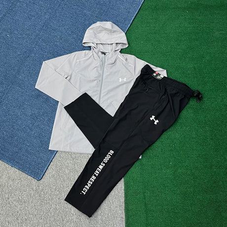 LP807+760 Wholesale Hooded Windproof Wash Printed Vintage Style Running Tracksuit Men 2-Piece Jacket Pants Set Outdoor Sportswear