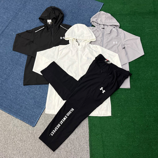 LP807+760 Wholesale Hooded Windproof Wash Printed Vintage Style Running Tracksuit Men 2-Piece Jacket Pants Set Outdoor Sportswear