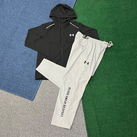 LP807+760 Wholesale Hooded Windproof Wash Printed Vintage Style Running Tracksuit Men 2-Piece Jacket Pants Set Outdoor Sportswear